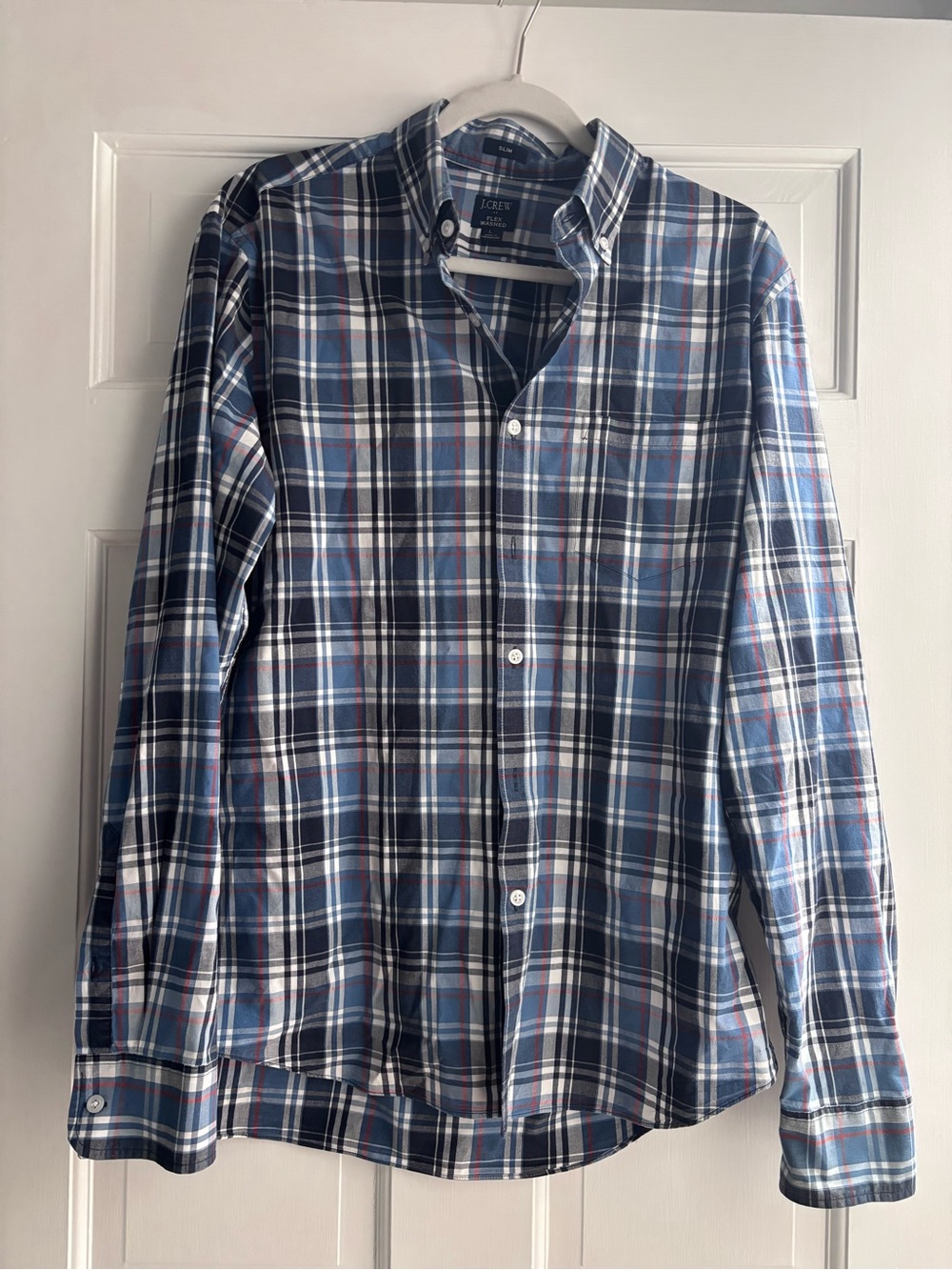 J. Crew Men's Blue Plaid Button-Down Shirt with White and Red Accents